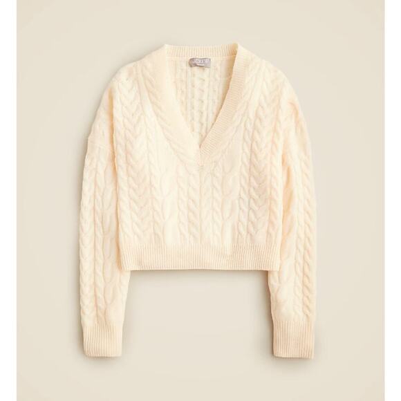 J. Crew Cashmere Cropped Cable-Knit V-Neck Sweater Long Sleeve Cream Size L NWT - Picture 4 of 12